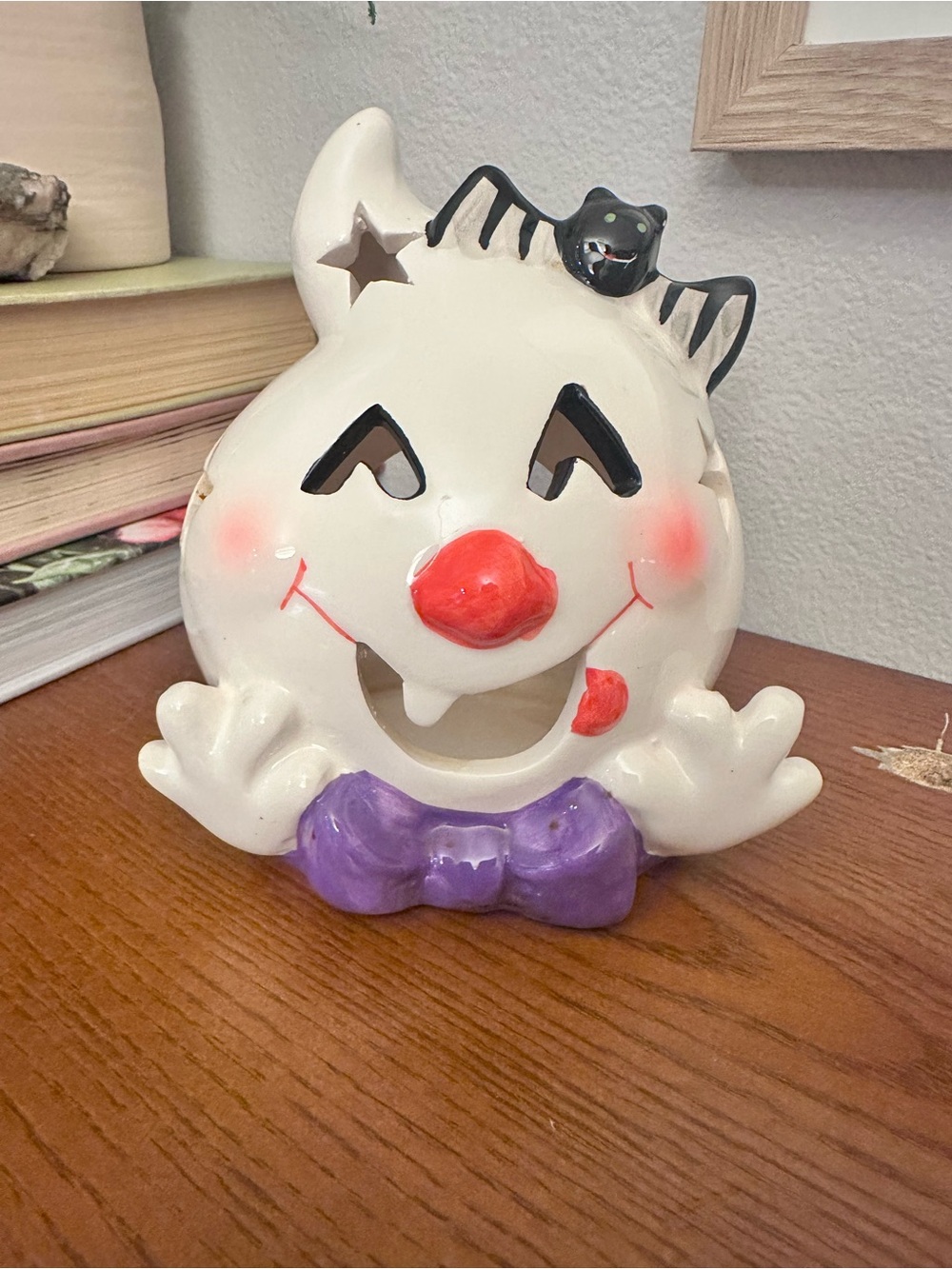 White Ceramic Halloween Ghost with Purple Bow - Decorative Accent